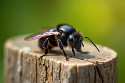 Gros plan d'une abeille charpentière noire brillante posée sur un vieux poteau en bois dans un jardin, ailes translucides violacées et abdomen lisse distinctifs