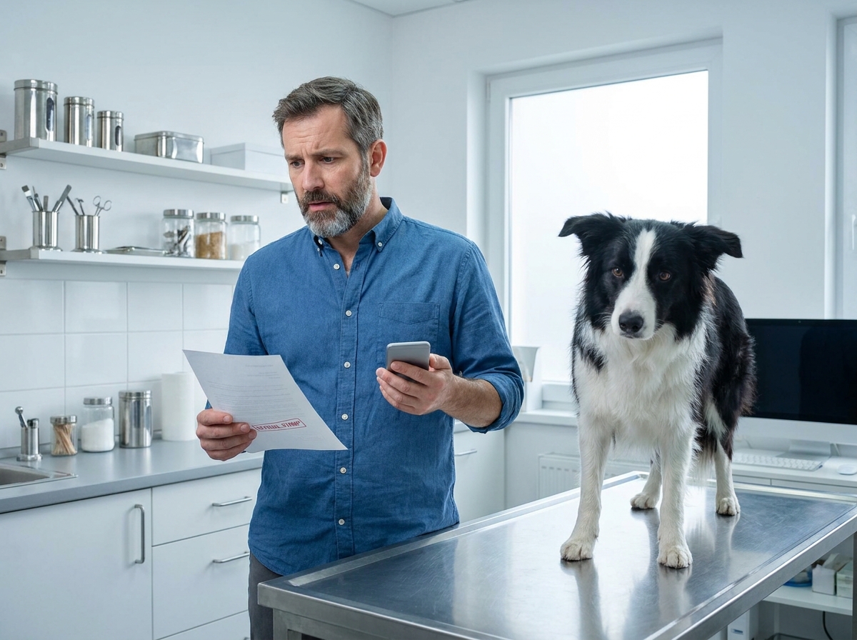 Propriétaire de chien perplexe devant un formulaire d'accord préalable dans un cabinet vétérinaire avec son border collie