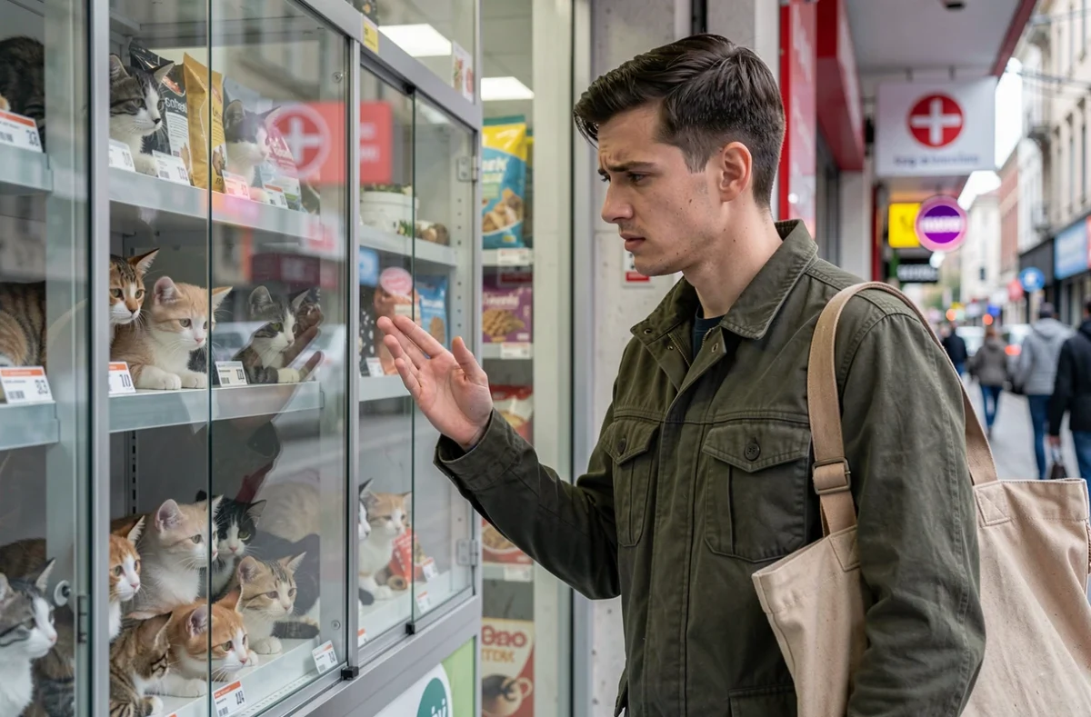 Un homme face à une vitrine d'animalerie regardant des chatons, illustrant le risque d'achat impulsif non vérifié
