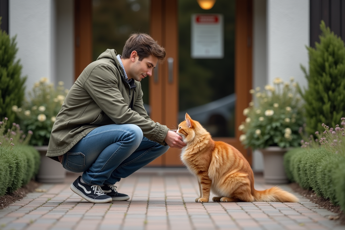 Homme avec chat devant centre d