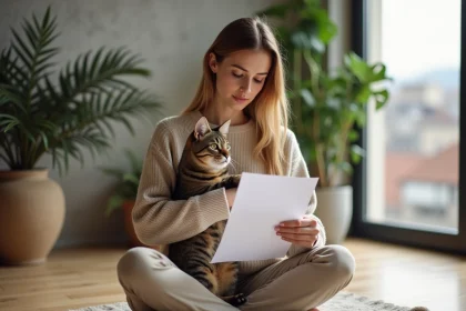 Femme tenant un chat tigré dans ses bras tout en lisant un contrat d'adoption dans un appartement lyonnais