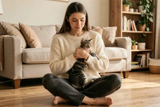 Une jeune femme tenant tendrement un chaton dans son salon, illustrant l'adoption responsable d'un félin