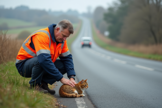 Agent municipal en uniforme près d’un chat au bord de la route