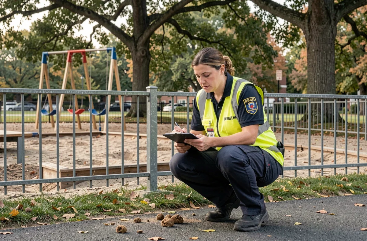 Agent municipal inspectant des déjections de renard près d'une clôture d'aire de jeux dans un parc