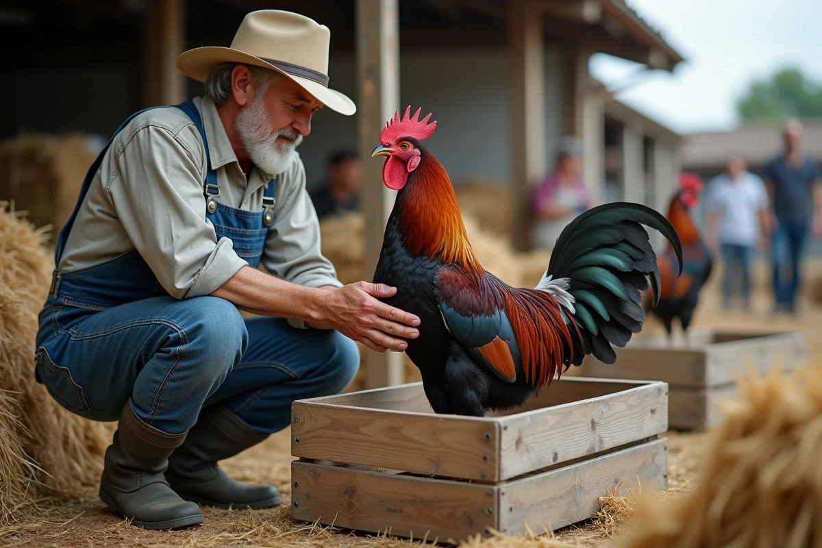 Agriculteur expérimenté examinant un coq Brahma sombre dans une caisse en bois lors d'un marché rural français, illustration du commerce et de l'évaluation des volailles de race