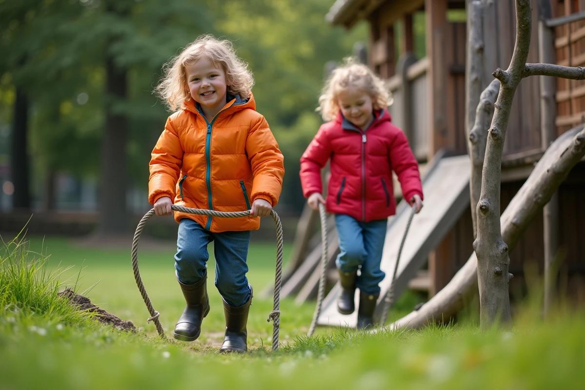 Enfants jouant sur l'aire de jeux en bois du parc Arche De Méo