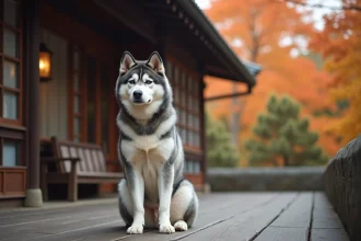 Akita Inu bringé bleu assis sur un porche en bois entouré de feuillage automnal, illustrant le caractère calme et majestueux de la race