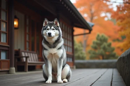 Akita Inu bringé bleu assis sur un porche en bois entouré de feuillage automnal, illustrant le caractère calme et majestueux de la race