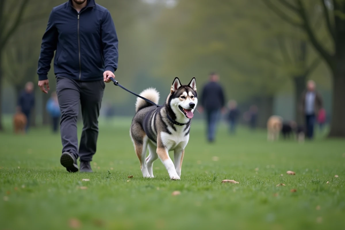 Akita Inu bringé bleu en laisse lors d'un test de socialisation dans un parc, révélant son tempérament confiant et indépendant
