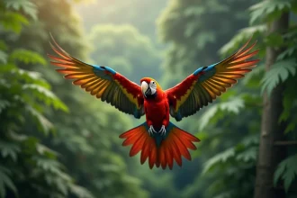 Ara macao en vol dans la forêt amazonienne