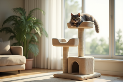 Arbre à chat beige dans un salon lumineux avec un chat gris