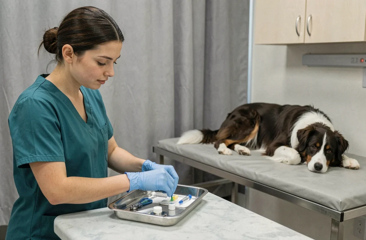 Assistante vétérinaire préparant le matériel médical dans une salle de soin avec un chien calme allongé en arrière-plan
