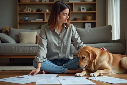 Femme consultant son contrat d'assurance animaux avec son golden retriever à ses côtés dans un salon moderne
