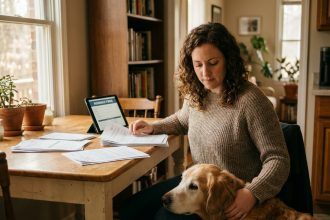 Femme consultant des documents d'assurance animaux avec son chien golden retriever posé sur ses genoux dans une cuisine chaleureuse