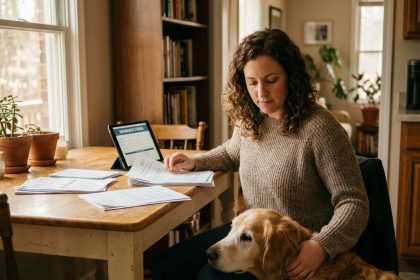 Femme consultant des documents d'assurance animaux avec son chien golden retriever posé sur ses genoux dans une cuisine chaleureuse