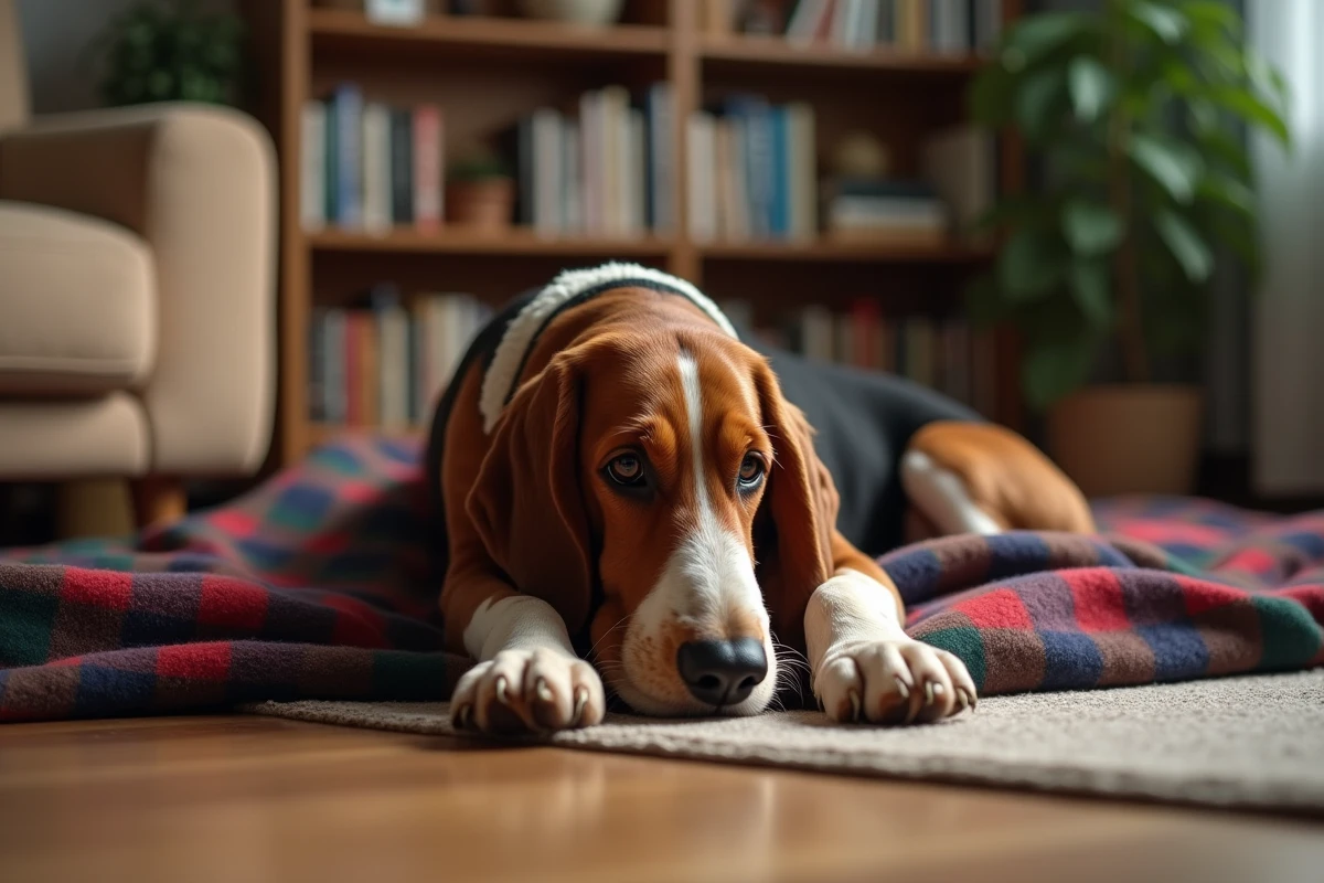 Basset vendéen reposant sur une couverture dans un salon