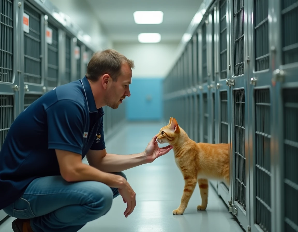 Bénévole d'association animalière accueillant un chat roux dans un refuge avec soin et patience