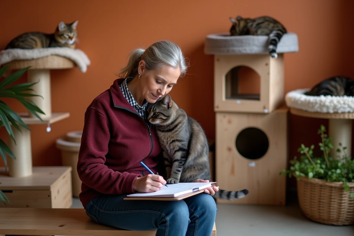 Bénévole remplissant un formulaire d'adoption dans un refuge pour chats à Lyon entourée de plusieurs chats