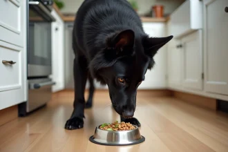 Berger Allemand noir adulte devant sa gamelle de croquettes dans une cuisine moderne