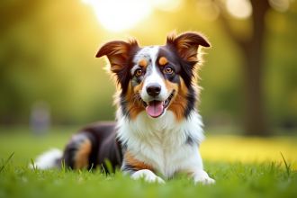 Chien berger australien tricolore assis dans un parc ensoleille