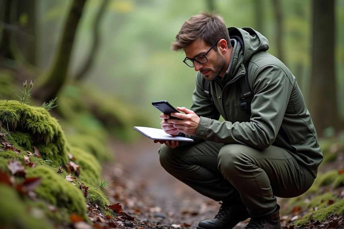 Biologiste en forêt photographiant des déjections de martre