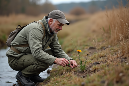 Biologiste en plein air inspectant une fleur sauvage en zone de drought
