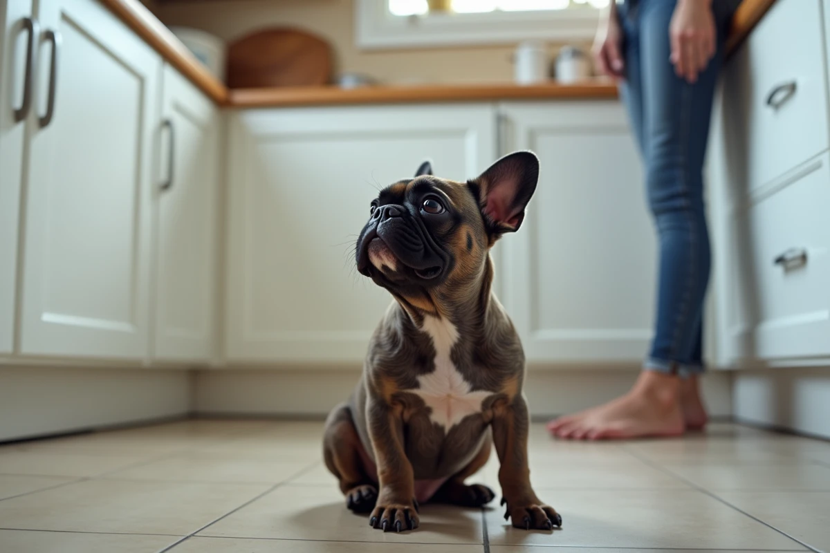 Bouledogue français bringé à poil court assis sur le carrelage d'une cuisine domestique, regard expressif vers le haut