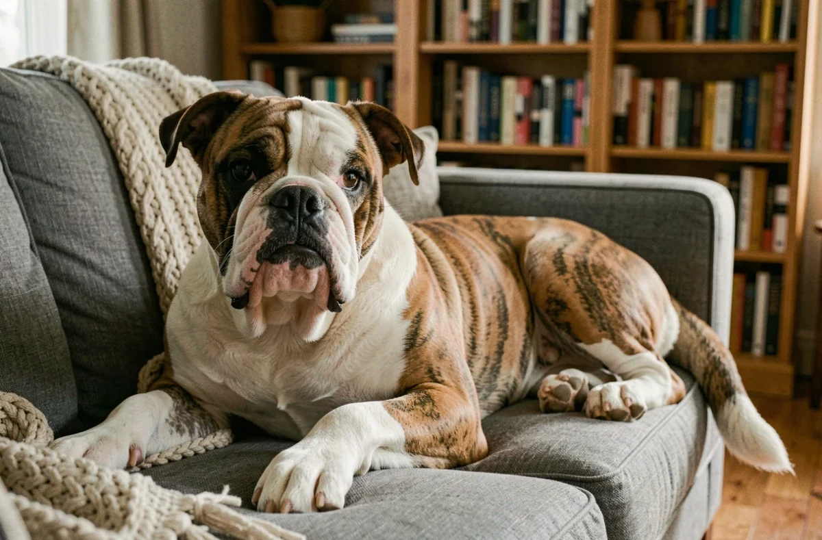 Bouledogue à poil long allongé sur un canapé gris dans un salon, représentant un chien de compagnie bien assuré et serein