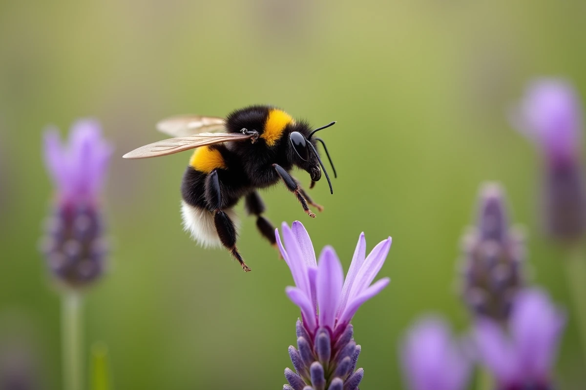 Bourdon en vol capturé en plein mouvement au-dessus d'une fleur de lavande dans une prairie sauvage, corps dodu rayé noir et jaune avec ailes floues en action