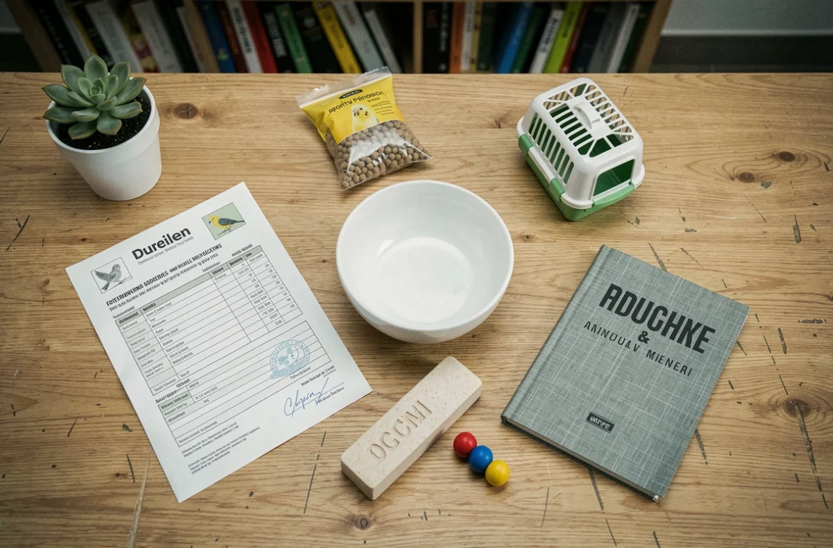 Vue de dessus des dépenses annuelles pour une perruche : facture vétérinaire, nourriture, jouets et accessoires disposés sur un bureau en bois
