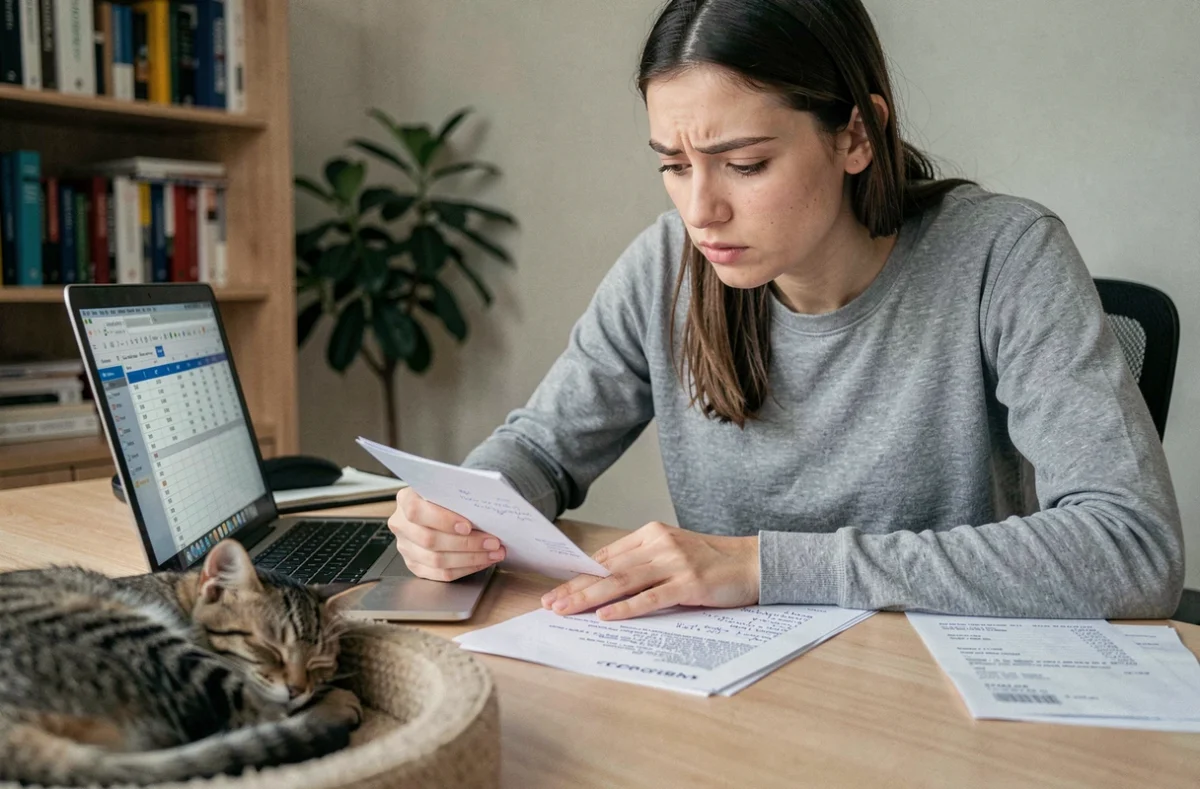 Une femme calculant le budget pour son chaton avec des reçus et un ordinateur, illustrant le risque de sous-estimer les dépenses santé et alimentation