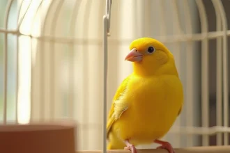 Canari jaune vif perché dans une cage blanche dans une cuisine chaleureuse, idéal pour illustrer un article sur les prénoms d'oiseaux domestiques