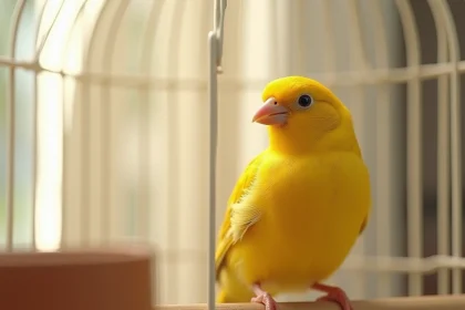 Canari jaune vif perché dans une cage blanche dans une cuisine chaleureuse, idéal pour illustrer un article sur les prénoms d'oiseaux domestiques