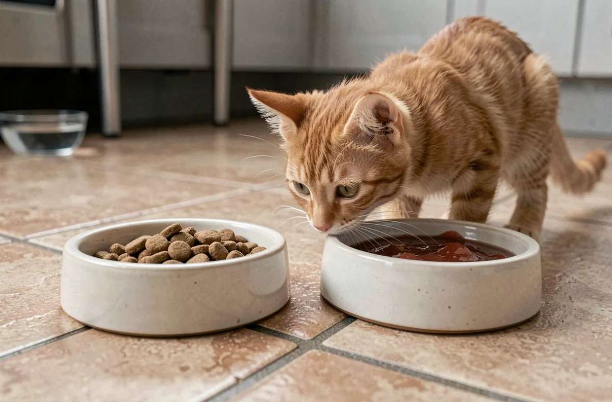 Un chaton hésitant devant deux gamelles avec des aliments différents, illustrant le risque de changer brutalement son alimentation