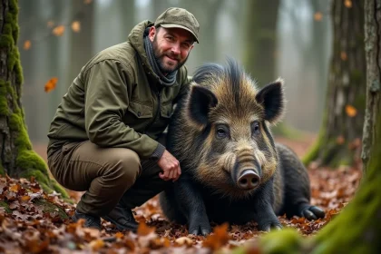 Chasseur avec un sanglier dans la forêt française