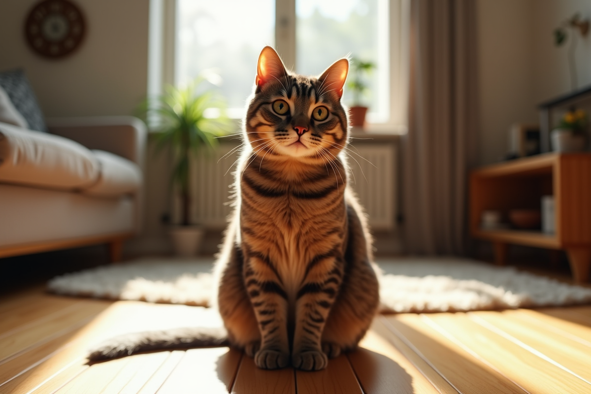 Chat british shorthair brun dans un salon lumineux