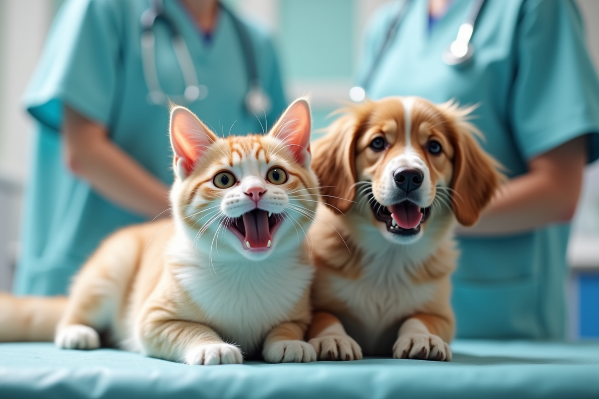 Chat et chien heureux sur une table d