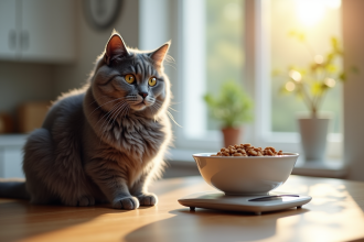 Chat gris à la cuisine avec balance et nourriture équilibrée