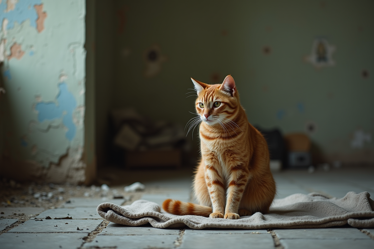 Chat roux assis sur une couverture dans une pièce abandonnée
