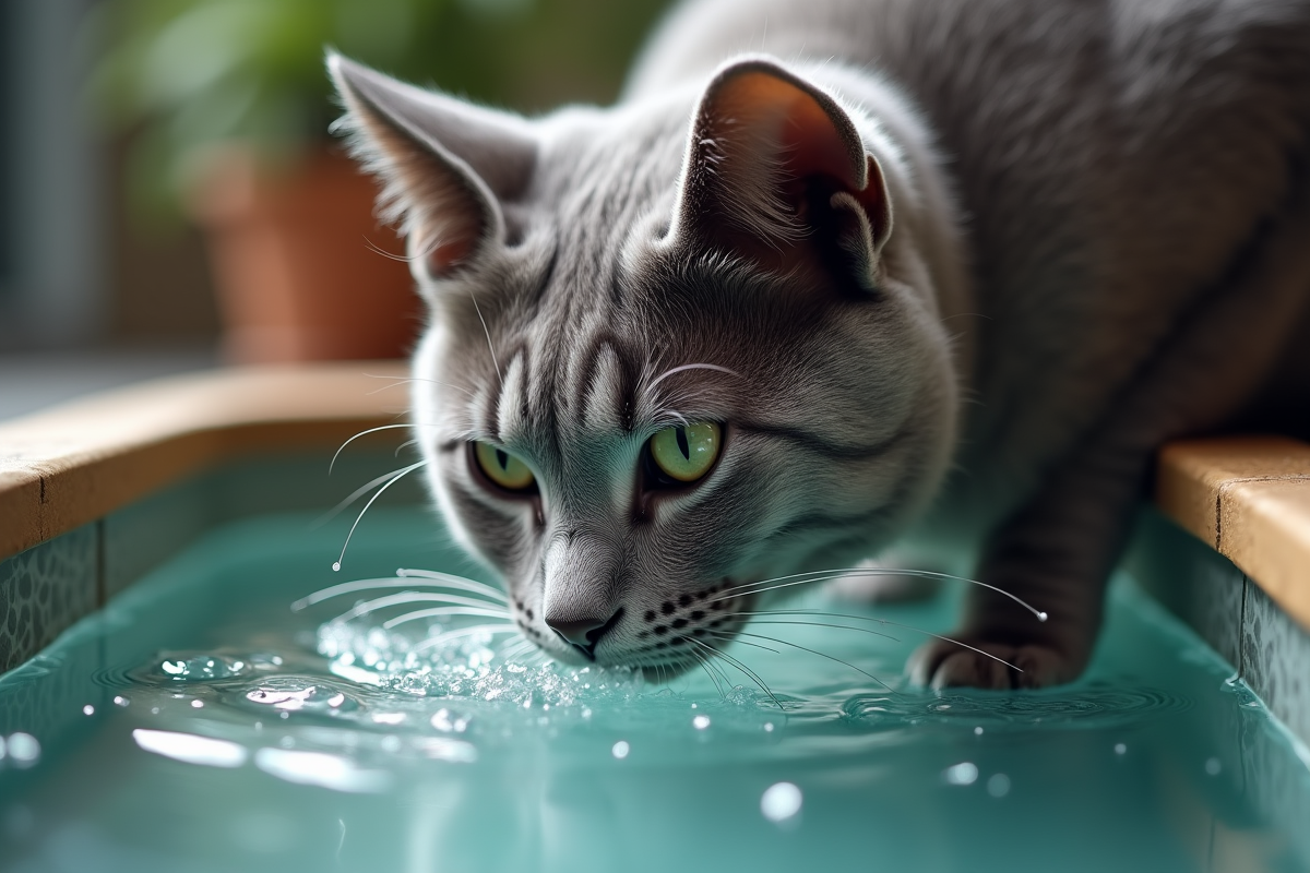 Gros plan d un chat gris léchant l eau d une fontaine intérieure