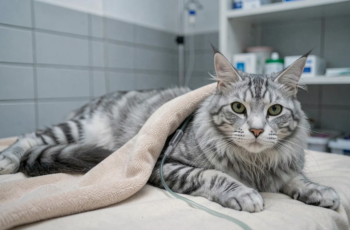 Chat Maine Coon en convalescence dans un espace de soins vétérinaires après une intervention médicale