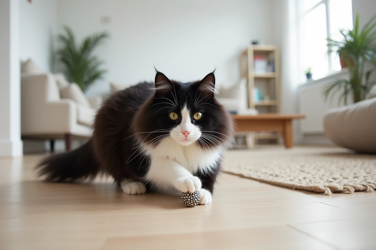 Chat des forêts norvégiennes bicolore noir et blanc jouant sur le parquet d'un appartement au style scandinave