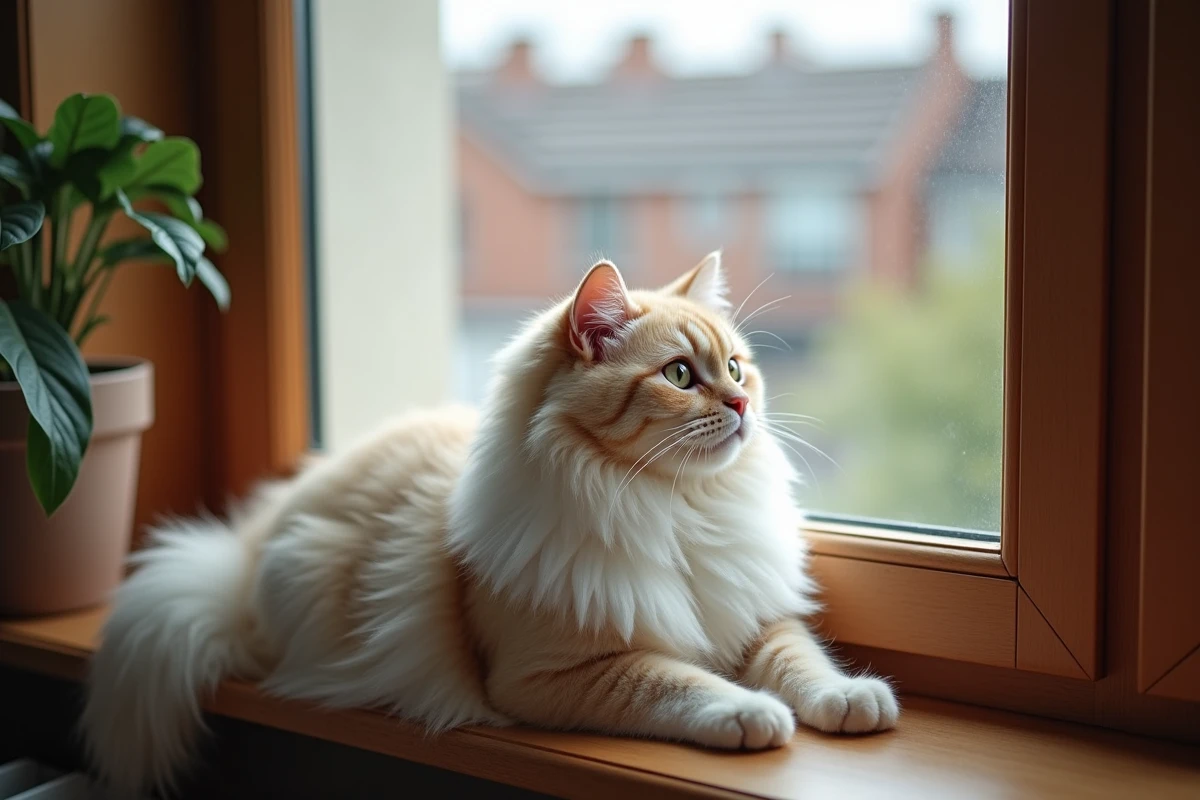 Chat Persan blanc aux poils très longs assis sur un rebord de fenêtre en appartement avec vue sur les toits