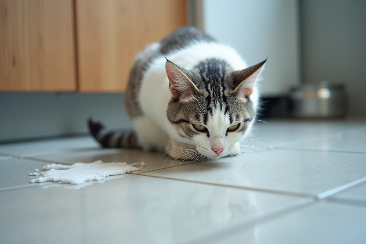 Chat blanc et gris en train de vomir de la mousse blanche sur le sol de la cuisine, refusant de s'alimenter