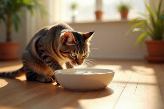 Chat tabby buvant dans un bol moderne sur un sol en bois lumineux