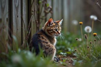 Jeune chat tabby près d'une clôture en bois abandonnée
