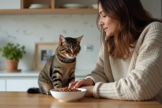 Chat tabby attentif près d une nourriture hypoallergenique