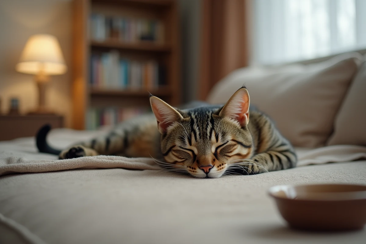 Chat tabby allongé sur un canapé avec une posture léthargique, refusant de manger et semblant mal à l'aise