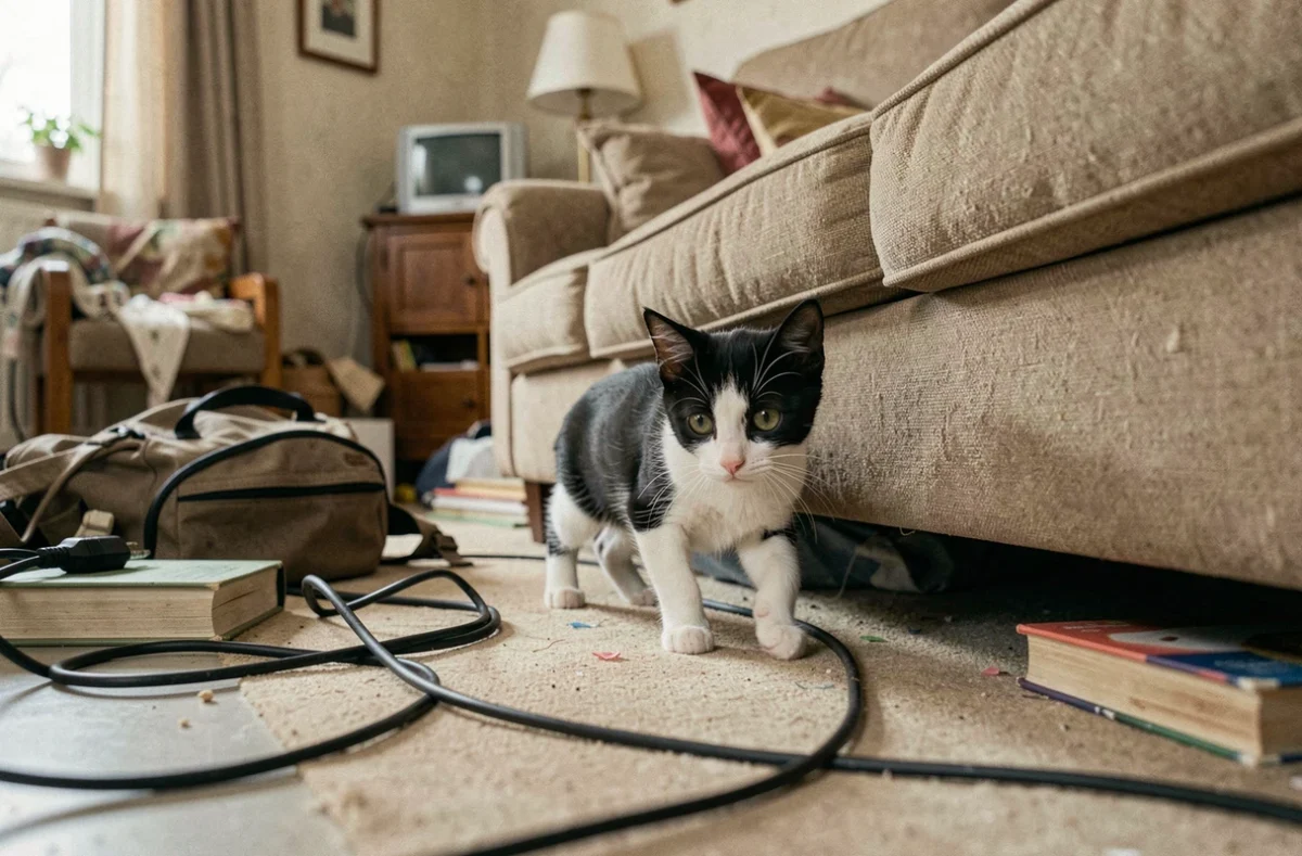 Un chaton explorant seul un grand salon encombré dès son arrivée, illustrant le danger de laisser l'accès libre à tout le logement