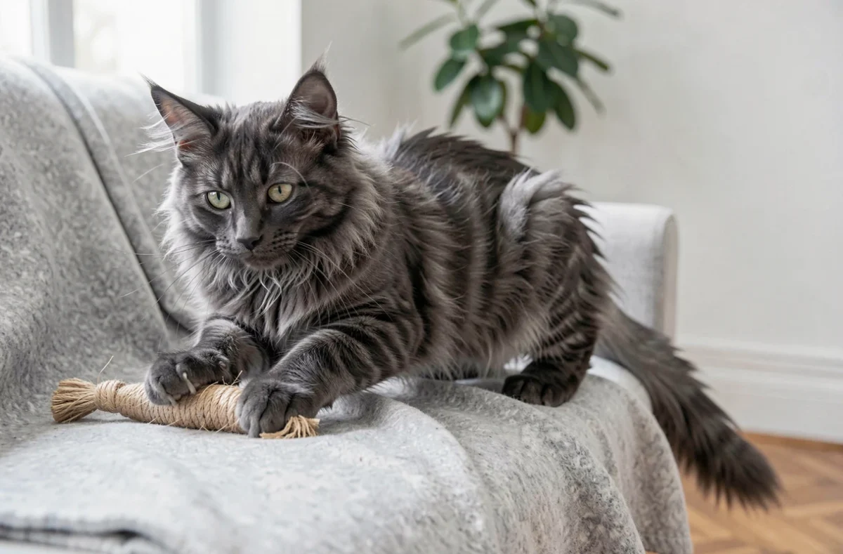 Chaton Maine Coon black smoke jouant sur un canapé, robe fumée noire aux reflets argentés, photo réaliste illustrant l'achat responsable d'un Maine Coon